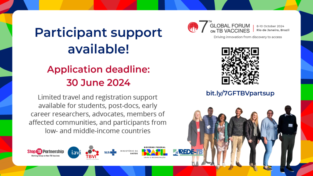 Graphic with multi-colored frame and white background reading "Participant support available! Application deadline: 30 June 2024. Limited travel and registration support available for students, post-docs, early career researchers, advocates, members of affected communities, and participants from low- and middle-income countries. Apply at bit.ly/7GFTBVpartsup.”